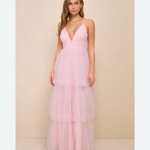 Lulu's Pink Tiered Maxi Gown with Plunge Neckline